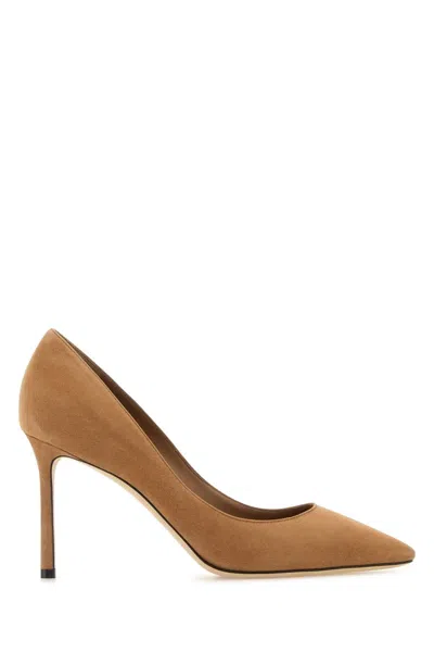 JIMMY CHOO JIMMY CHOO CAMEL SUEDE ROMY 85 PUMPS
