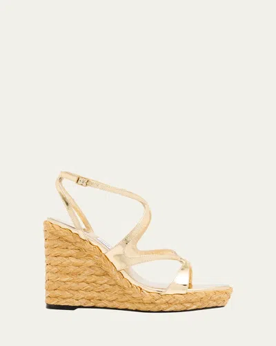 JIMMY CHOO AYLA 110 METALLIC LEATHER WEDGE SANDALS