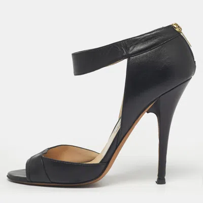 JIMMY CHOO BLACK LEATHER PEEP TOE ANKLE STRAP SANDALS SIZE 39