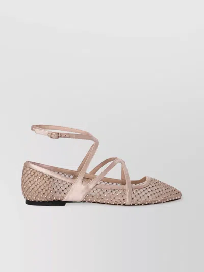 JIMMY CHOO EMBELLISHED MESH POINTED TOE BALLERINA SHOES