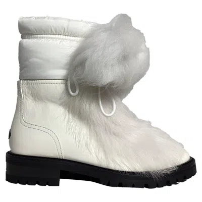 JIMMY CHOO FUR TRIM ANKLE BOOTS IN WHITE LEATHER