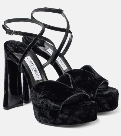JIMMY CHOO KARLI 125 VELVET PLATFORM SANDALS