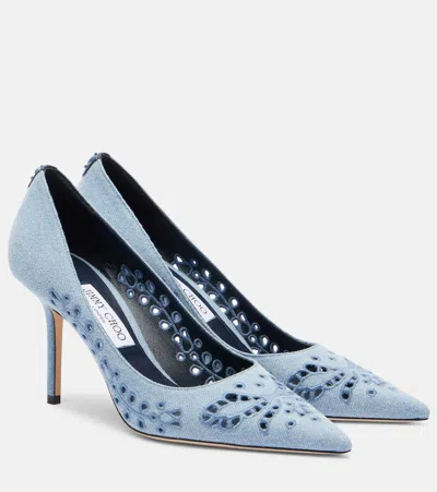 JIMMY CHOO LOVE 85 EMBROIDERED DENIM PUMPS