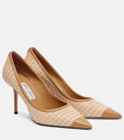 JIMMY CHOO LOVE 85 LEATHER-TRIMMED RAFFIA PUMPS