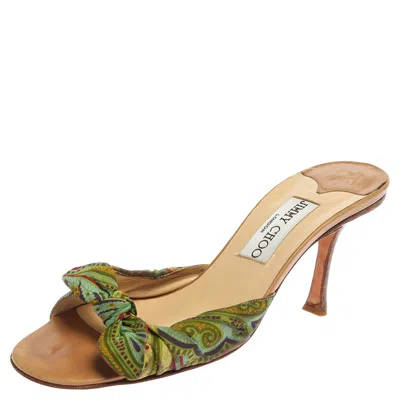 JIMMY CHOO MULTICOLOR PRINTED SATIN KNOT SLIDE SANDALS SIZE 38