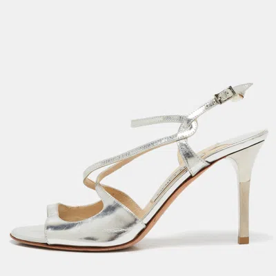 JIMMY CHOO SILVER MIRROR LEATHER PAXTON CROSS STRAP SANDALS SIZE 36