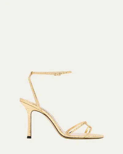 JIMMY CHOO SNAKE-EMBOSSED 1998 LEO METALLIC LEATHER ANKLE-STRAP SANDALS