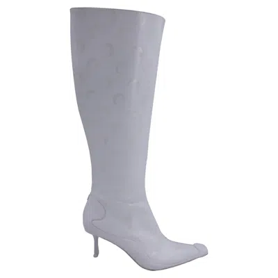 JIMMY CHOO X MARINE SERRE HALF MOON PRINT KNEE-HIGH BOOTS IN WHITE LEATHER