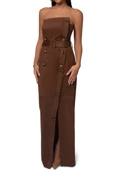 JLUXLABEL JLUXLABEL CHOCOLATE XENA BELTED STRAPLESS FAUX SUEDE MAXI DRESS