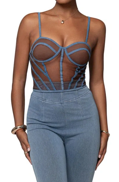 JLUXLABEL JLUXLABEL DENIM ILLUSION MESH BUSTIER TOP