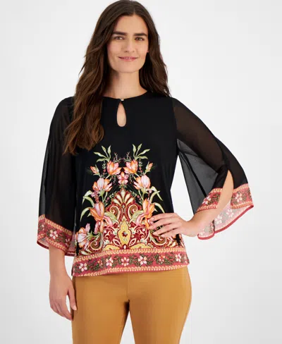 JM COLLECTION PETITE KEYHOLE-NECK BORDER-PRINT TOP, CREATED FOR MACY'S