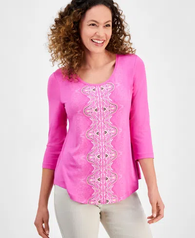 JM COLLECTION PETITE LUSH RUNNER 3/4-SLEEVE TOP, EXCLUSIVELY AT MACY'S