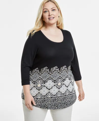 JM COLLECTION PLUS SIZE PRINTED 3/4 SLEEVE TOP, EXCLUSIVELY AT MACY'S