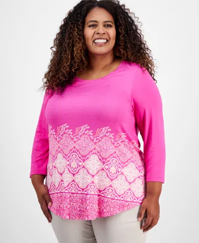 JM COLLECTION PLUS SIZE PRINTED 3/4 SLEEVE TOP, EXCLUSIVELY AT MACY'S