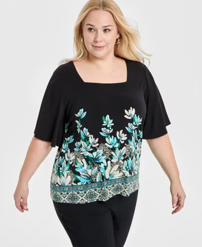 JM COLLECTION PLUS SIZE PRINTED SQUARE-NECK SHORT-SLEEVE TOP, EXCLUSIVELY AT MACY'S