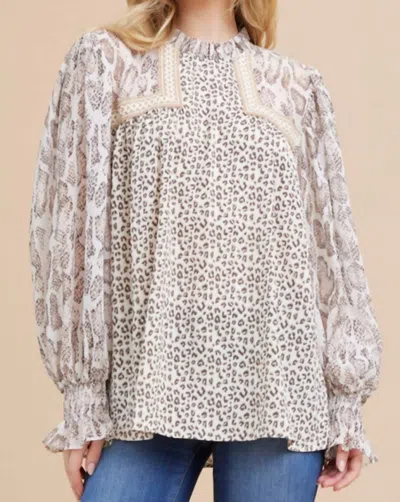 JODIFL ANIMAL PRINT MIX LONG SLEEVE BLOUSE IN BROWN MULTI