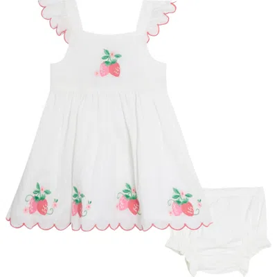 JOJO MAMAN BÉBÉ JOJO MAMAN BEBE FLORAL STRAWBERRY EMBROIDERED RUFFLE ACCENT COTTON DRESS & BLOOMERS