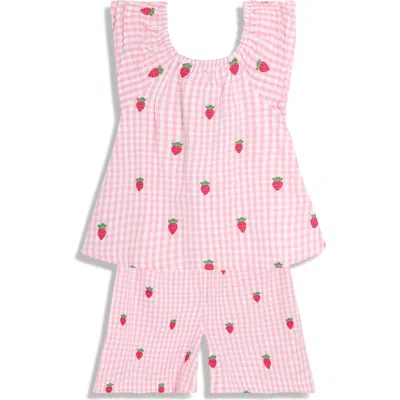 JOJO MAMAN BÉBÉ JOJO MAMAN BEBE GINGHAM CHECK STRAWBERRY EMBROIDERED COTTON SEERSUCKER TOP & SHORTS SET