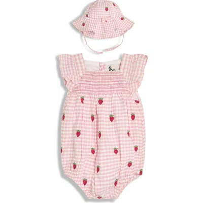 JOJO MAMAN BÉBÉ JOJO MAMAN BEBE GINGHAM CHECK STRAWBERRY EMBROIDERED ROMPER & SUN HAT SET
