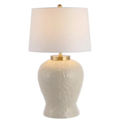 JONATHAN Y JONATHAN Y REGENCY PALM LEAF 31.5" CERAMIC/METAL BOHEMIAN COTTAGE LED TABLE LAMP, CREAM