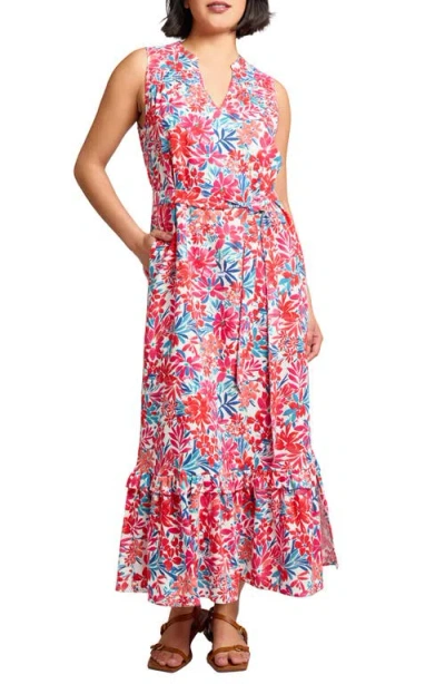 JONES NEW YORK JONES NEW YORK FLORAL PRINT RUFFLE TIE WAIST SLEEVELESS MAXI DRESS