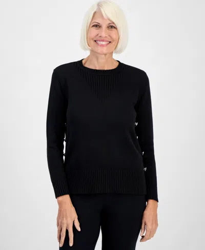 JONES NEW YORK PETITE LONG-SLEEVE SIDE-BUTTON CREWNECK SWEATER