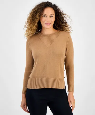 JONES NEW YORK PETITE LONG-SLEEVE SIDE-BUTTON CREWNECK SWEATER