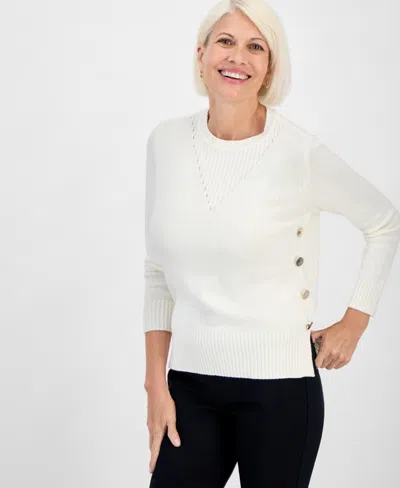 JONES NEW YORK PETITE LONG-SLEEVE SIDE-BUTTON CREWNECK SWEATER