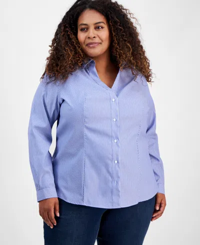 JONES NEW YORK PLUS SIZE COTTON STRIPED BUTTON-FRONT SHIRT