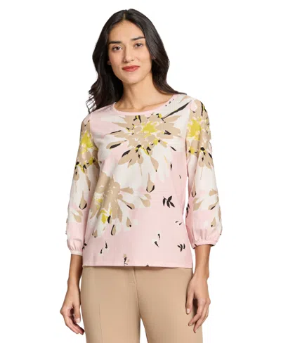 JONES NEW YORK WOMEN'S PLEAT-NECK 3/4-SLEEVE FLORAL-PRINT TOP