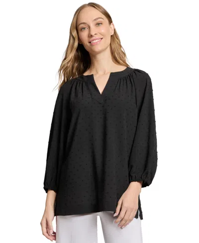 JONES NEW YORK WOMEN'S 3 QUARTER SLEEVE NOTCH NECK POPOVER DOTTED BLOUSE
