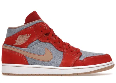 JORDAN MEN'S JORDAN 1 MID DENIM RED SNEAKERS IN CINNABAR/HEMP/WHITE