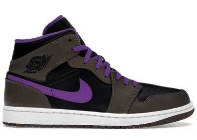 JORDAN MEN'S JORDAN 1 MID PURPLE MOCHA SNEAKERS IN PALOMINO/WILD BERRY/BLACK