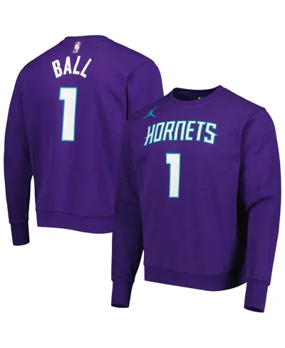 JORDAN MEN'S JORDAN LAMELO BALL PURPLE CHARLOTTE HORNETS STATEMENT NAME AND NUMBER PULLOVER SWEATSHIRT