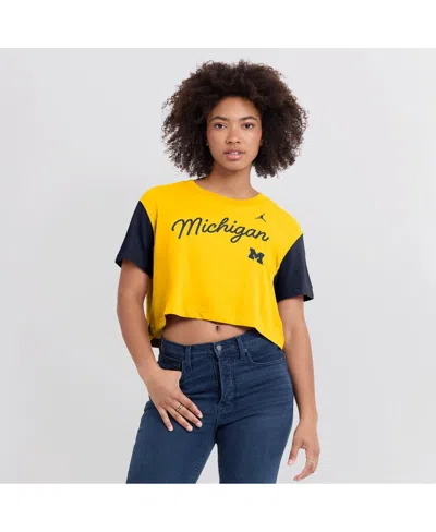 JORDAN WOMEN'S MAIZE/NAVY MICHIGAN WOLVERINES COLOR-BLOCK SCRIPT DRI-FIT CROPPED T-SHIRT