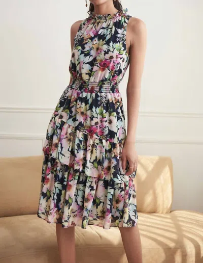 JOSEPH RIBKOFF FLORAL HALTER DRESS IN BLUE MULTI