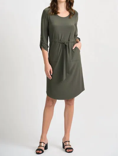 JOSEPH RIBKOFF GATHERED THREE-QUARTER LENGTH DRESS IN AVOCADO