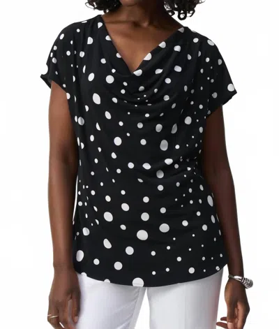 JOSEPH RIBKOFF POLKA DOT PRINT COWL NECK TOP IN MIDNIGHT BLUE/VANILLA POLKA DOT