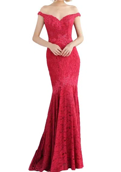 JOVANI EMBELLISHED LACE OFF-SHOULDER MERMAID DRESS IN RED