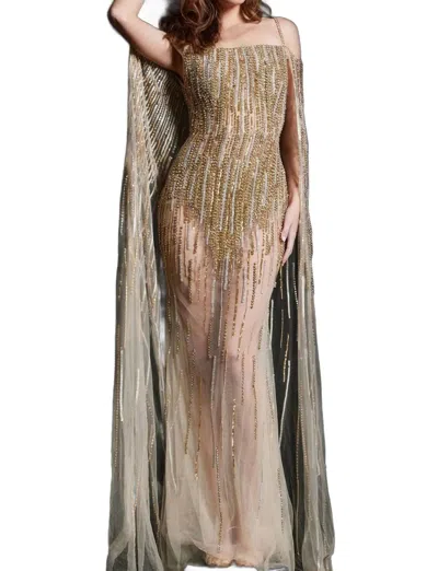 JOVANI EMBELLISHED SHEATH COUTURE GOWN IN GOLD