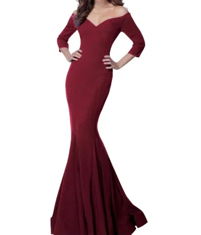 JOVANI OFF SHOULDER MERMAID LONG EVENING GOWN IN BURGUNDY