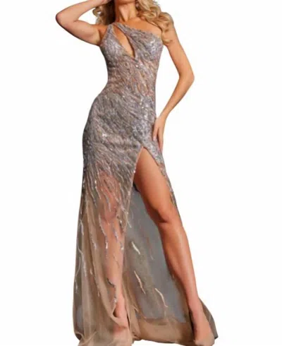 JOVANI ONE SHOULDER SEQUIN PROM DRESS IN NUDE/SILVER