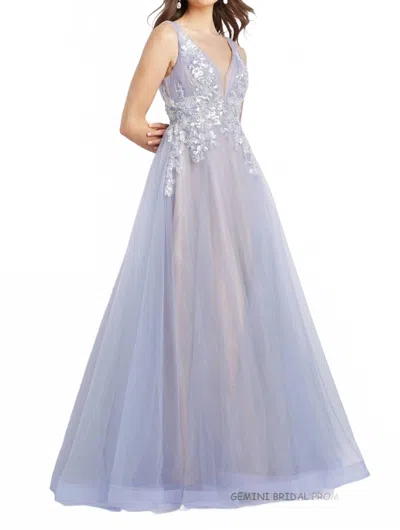 JOVANI SEQUIN LONG PLUNGING NECK DRESS IN LAVENDER
