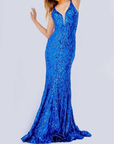 JOVANI SEQUIN SCOOP BACK PROM DRESS IN BLUE