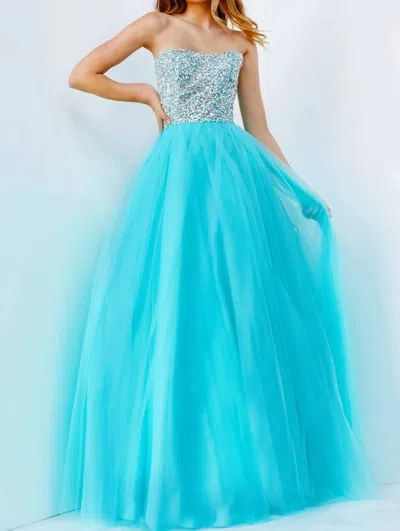 JOVANI STRAPLESS ADORNED TULLE BALLGOWN IN AQUA