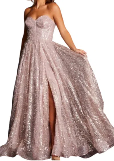 JOVANI STRAPLESS CORSET SEQUIN DRESS IN PINK