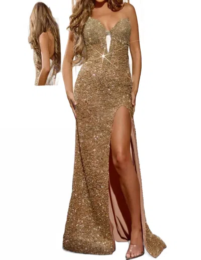 JOVANI STRAPLESS SEQUIN GOWN IN GOLD