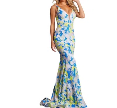 JOVANI V-NECK SEQUIN DRESS IN YELLOW/BLUE FLORAL
