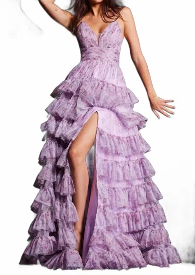 JOVANI V NECKLINE PRINT DRESS IN LILAC