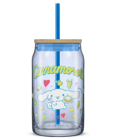 JOYJOLT HELLO KITTY AND FRIENDS FAVORITE FLAVOR CINNAMOROLL CAN SHAPED GLASS TUMBLER WITH WOOD LID AND STRAW